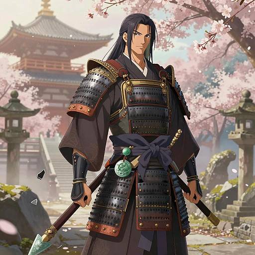 Samurai Warrior in Cherry Blossom Ruins