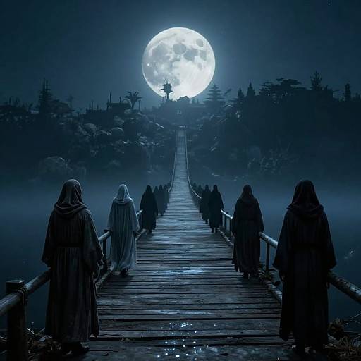 Mysterious, blue-toned digital artwork showing hooded figures walking across a wooden bridge towards a glowing full moon, surrounded by mist and dark, sil
