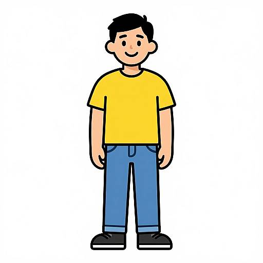 Cartoon drawing of a smiling, black-haired man wearing a yellow t-shirt, blue jeans, and black shoes, standing against a white background.