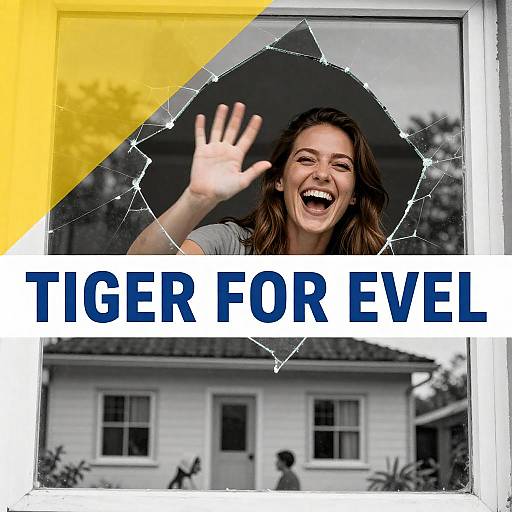 Joyful Woman Waving from Broken Window