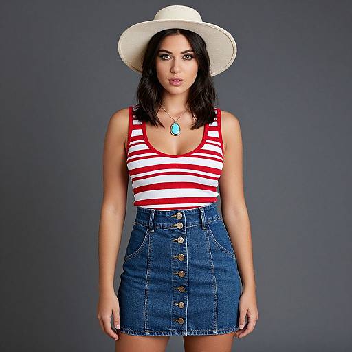 Photograph of a woman with olive skin, black hair, and brown eyes, wearing a white hat, red-and-white striped tank top, and high
