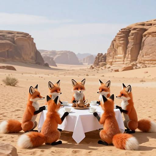 Photorealistic CGI image of six anthropomorphic red foxes sitting around a white-clothed table in a desert canyon, enjoying tea and dessert.