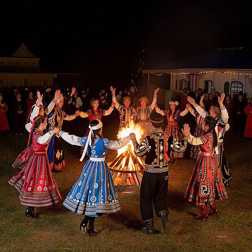 Photograph of a nighttime folk dance performance: Women in colorful traditional dresses and men in black vests and pants circle a glowing campfire, raising hands,