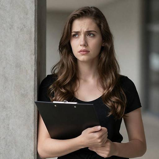 Young Woman with Clipboard by Pillar