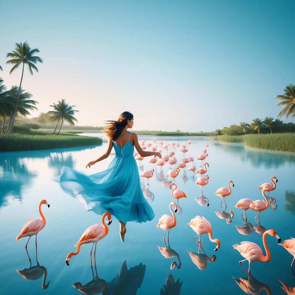 Flamingos in Flight Over Serene Lagoon