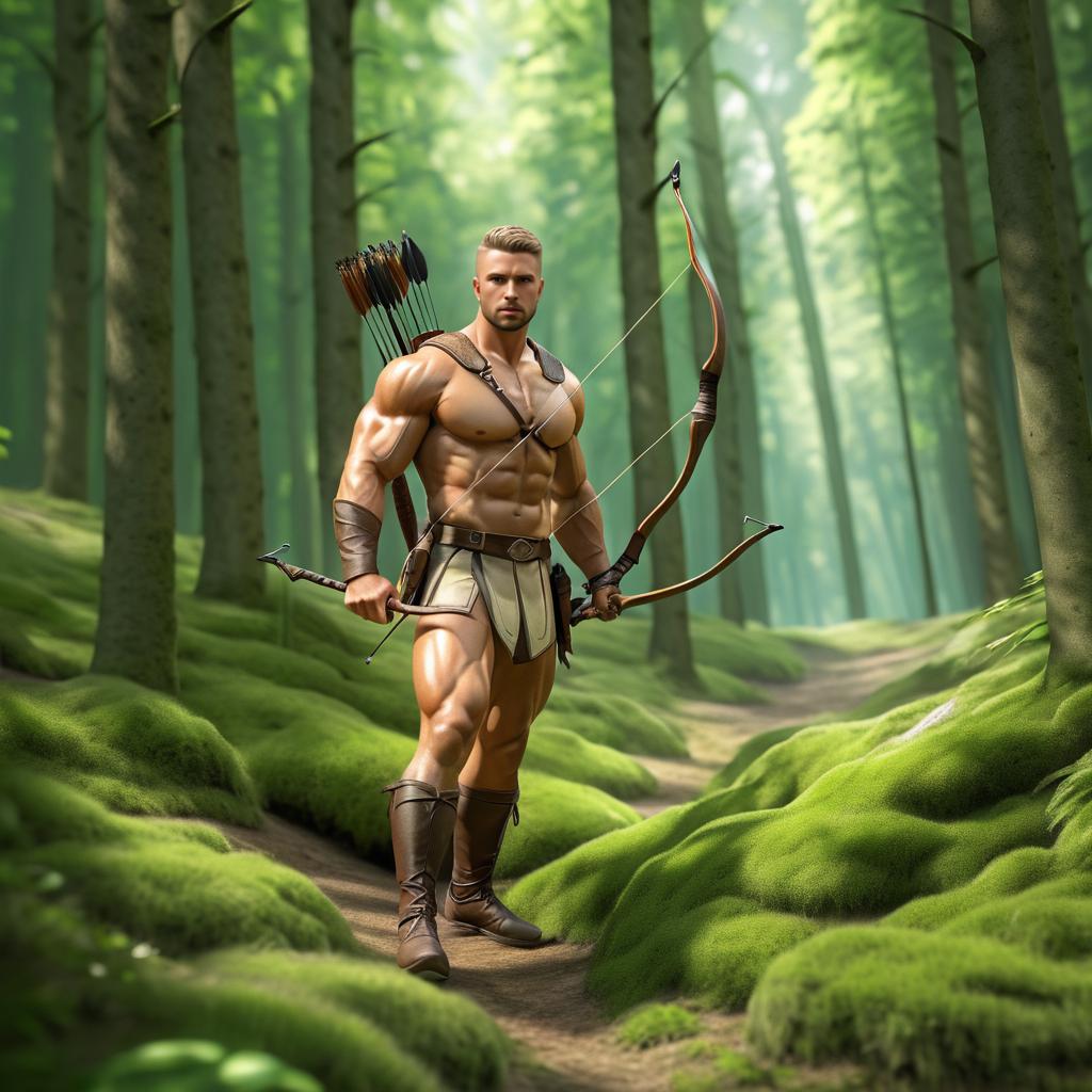 Muscular Male Archer in Forest Path