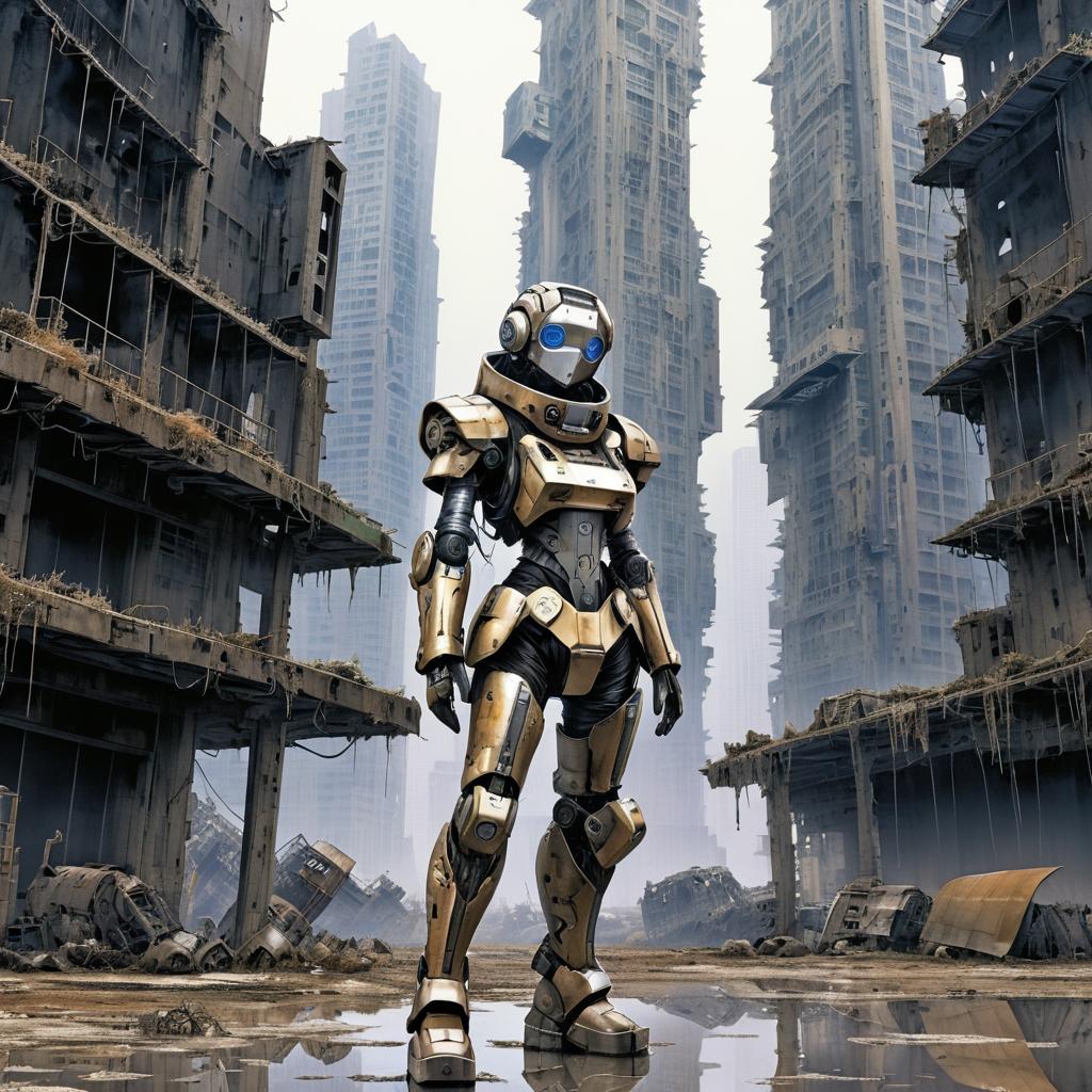 Despondent Robot in a Ruined Cityscape