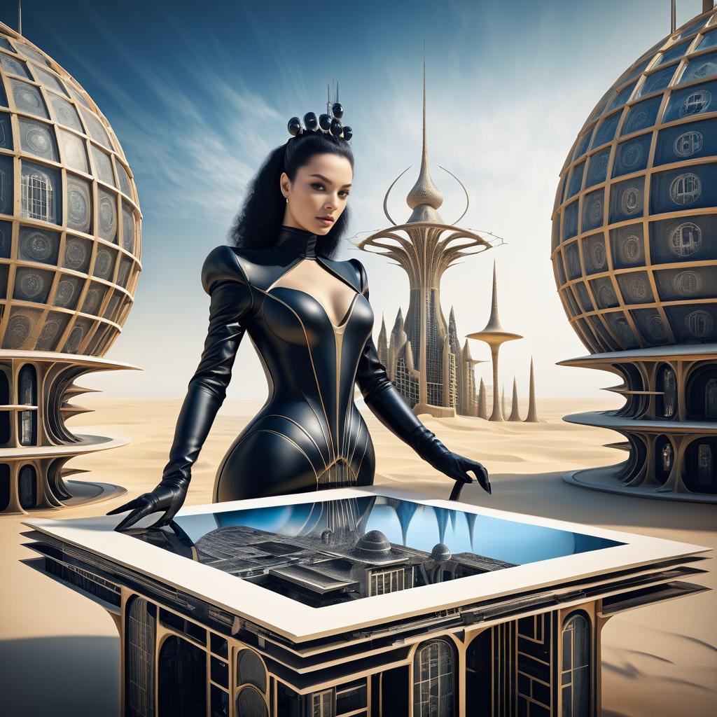 Surreal Sci-Fi Utopia with Leather-Clad Woman