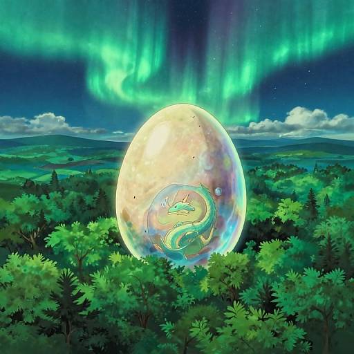 Digital artwork of a glowing, iridescent sphere with a dragon symbol, set in a lush forest under vibrant green auroras.