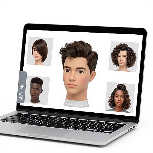 Photograph of a silver laptop displaying five realistic digital portrait icons of diverse individuals with different hairstyles and skin tones.