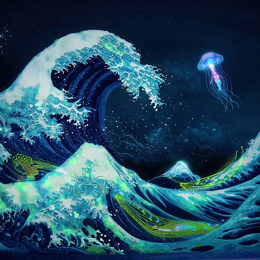 Vibrant digital painting of a glowing blue wave crashing, with a bioluminescent jellyfish floating above in a dark, starry ocean.