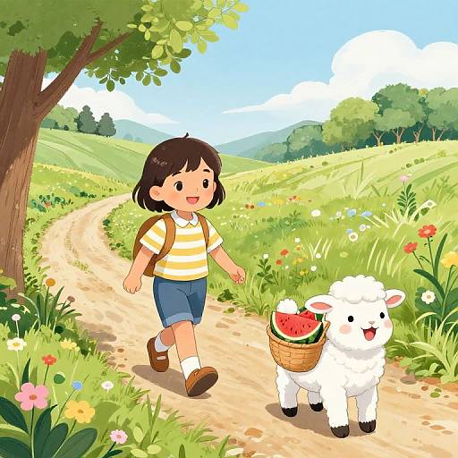 Child Walking with Lamb Carrying Watermelon Basket