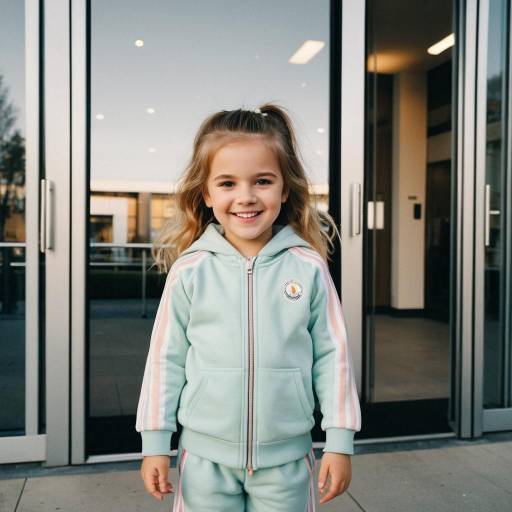 Smiling toddler girl in pastel tracksuit outdoors
