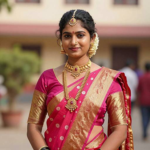 Indian Woman in Pink and Gold Saree with Traditional Jewelry