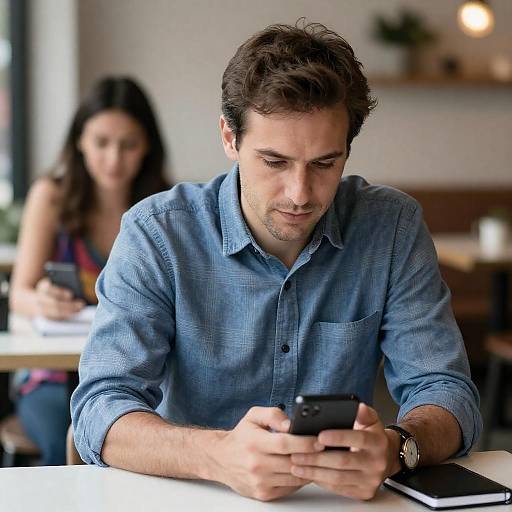 Man at Café Focused on Phone