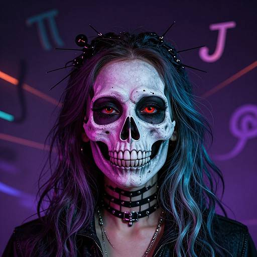 Photorealistic image of a pale-skinned person with long, wavy black hair, wearing a skull mask with glowing red eyes, spiked hairpiece