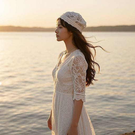 Elegant Woman at Sunset by Water