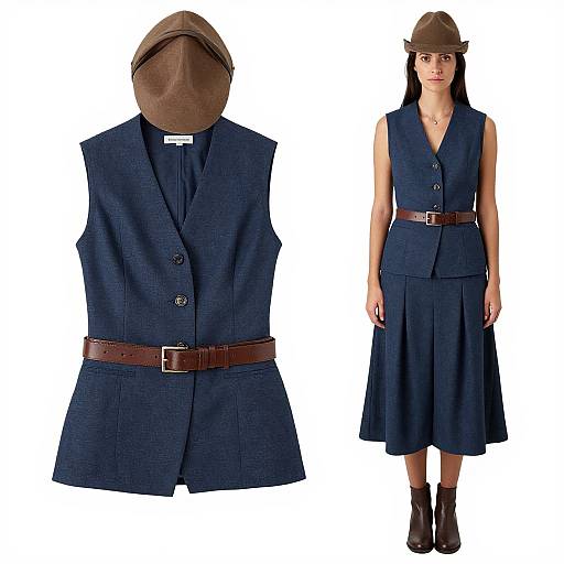 Photograph of a woman in a sleeveless navy blue vest dress with brown belt, brown flat cap, and black ankle boots.