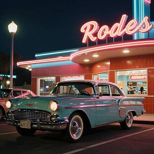Photograph of a vintage blue Chevrolet Bel Air parked at night in front of a neon-lit 