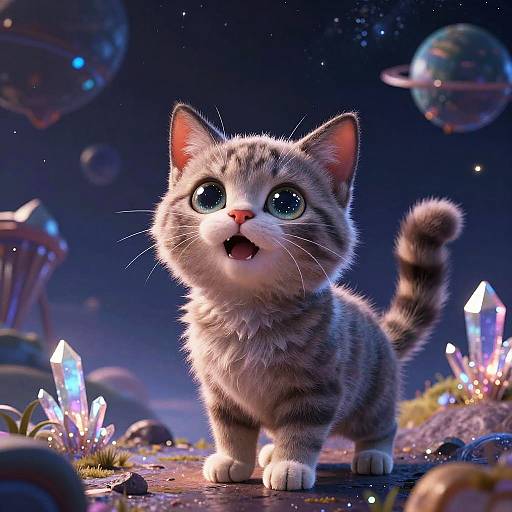 CGI image of a cute, wide-eyed, gray-striped kitten with fluffy fur standing in a fantastical, glowing crystal-studded, space-themed landscape