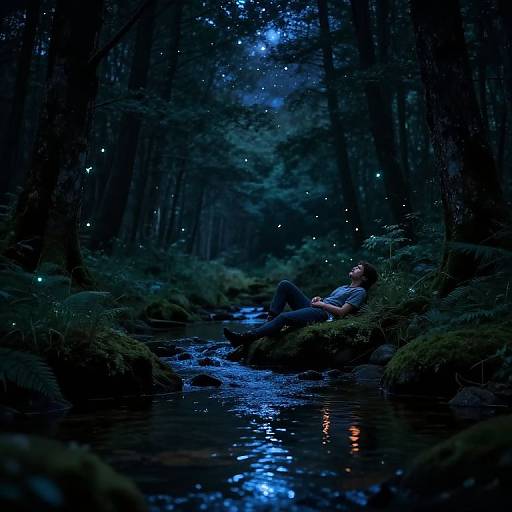 Photograph of a person sitting by a moonlit forest stream, surrounded by glowing fireflies, wearing a grey shirt, with trees and ferns in