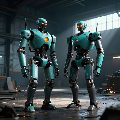Photograph of two futuristic, teal-colored, humanoid robots with glowing orange eyes standing in a dimly lit, industrial warehouse with sunlight streaming through windows.