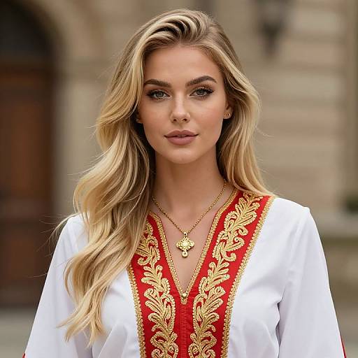 Blonde Girl in Embroidered Dress