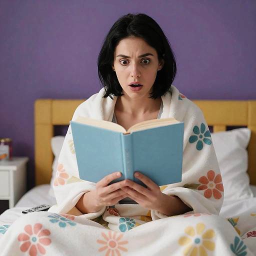 Surprised Woman in Colorful Bedroom