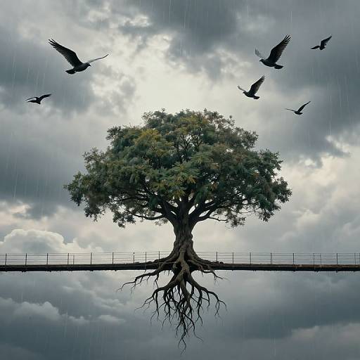 Photograph-style digital art: solitary tree with sprawling roots, standing on a bridge, silhouetted birds flying above, cloudy sky, raindrops