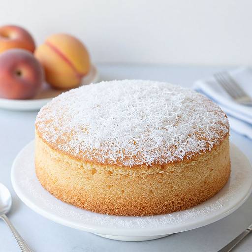 Photograph of a round, golden-brown cake dusted with powdered sugar, placed on a white plate with two peaches in the blurred background.
