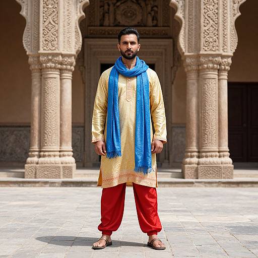 Photograph of a bearded man in traditional Indian attire: yellow kurta, red pants, blue scarf, standing in ornate, carved stone courtyard
