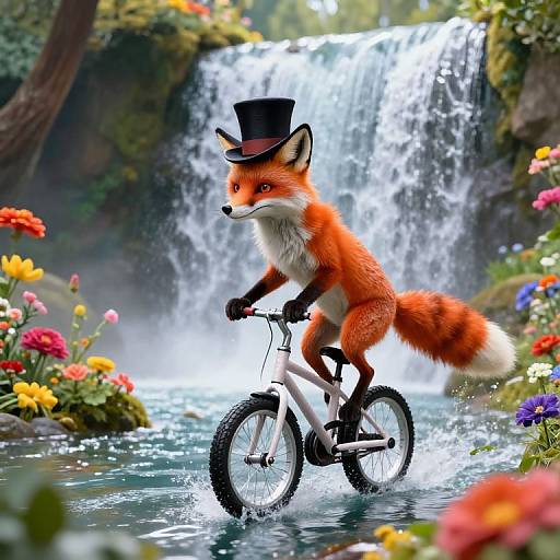 Photorealistic CGI of a red fox in a black top hat riding a bicycle through a vibrant, flower-filled forest waterfall.
