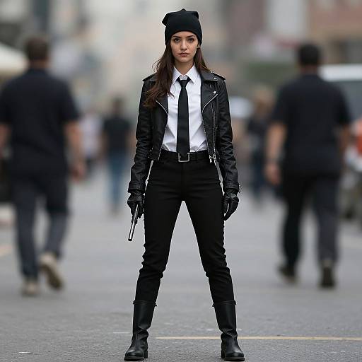 Photograph of a confident woman in black leather jacket, white shirt, black tie, and pants, black gloves, beanie, and boots, standing