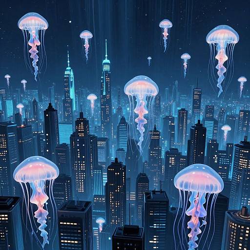 Digital artwork of a nighttime cityscape with glowing blue skyscrapers, illuminated by floating bioluminescent jellyfish with pink and blue hues.