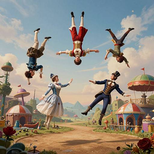 Digital illustration of four upside-down, vintage circus performers mid-jump over a whimsical carnival landscape with colorful tents and clear blue sky.