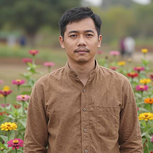 Asian Man in Brown Shirt in Flower Garden