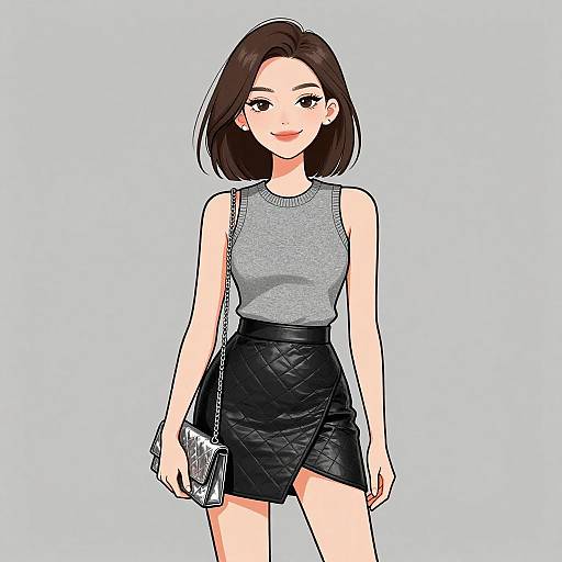 Digital anime-style drawing of a young woman with shoulder-length brown hair, wearing a gray sleeveless top and black quilted skirt, holding a silver chain