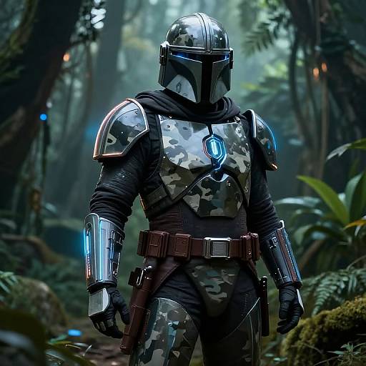 Digital art of a Mandalorian warrior in camouflage armor with glowing blue accents, helmet, and brown belt, standing in a misty forest.