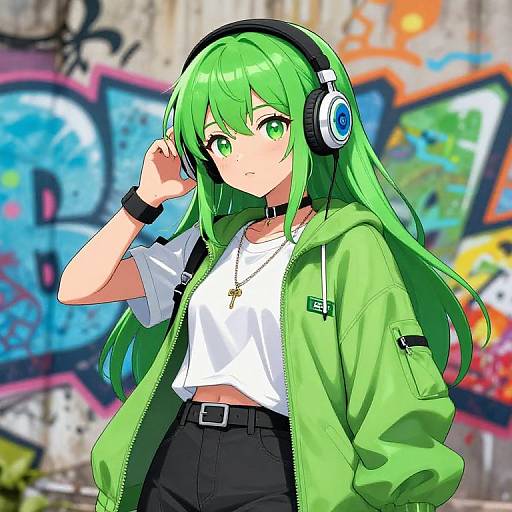 Energetic Anime Girl with Headphones