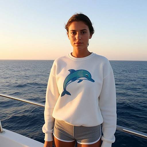 Photograph of a young woman with dark hair in a white sweatshirt with a dolphin graphic, gray shorts, standing on a boat against a sunset over