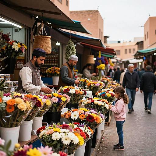 Photograph of a colorful flower market: bearded men in vests, woman with curly hair, vibrant flowers, busy street, historic buildings.