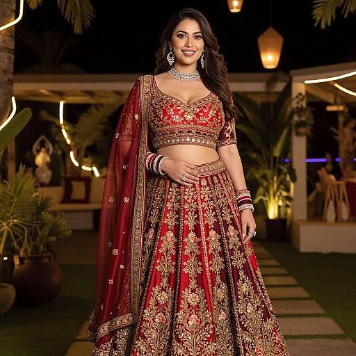 Photograph of a smiling South Asian woman in a red and gold traditional lehenga set with intricate embroidery, standing outdoors at night, surrounded by warm lighting