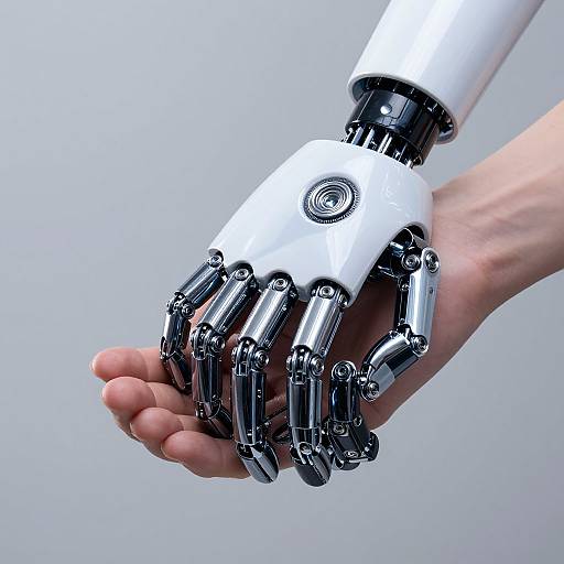 Photograph of a human hand with a metallic robotic prosthetic arm, featuring white and silver joints, against a plain gray background.