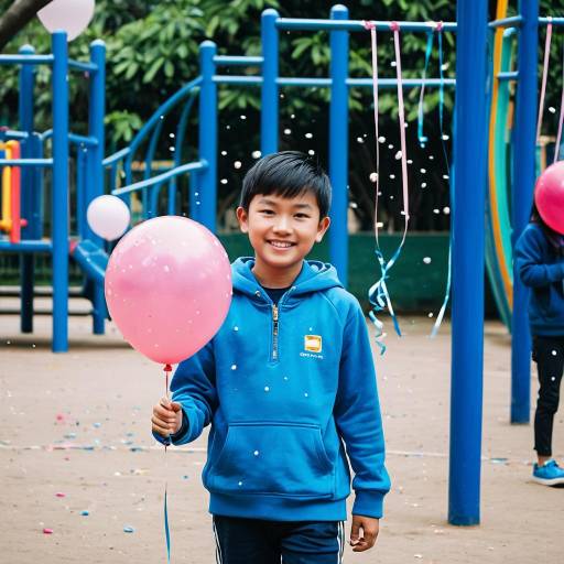 Smiling Vietnamese Boy Holding Pink Balloon at Playground