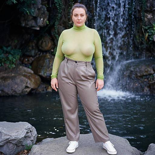 Photograph of a woman with light skin, brown hair in a bun, wearing a sheer lime green long-sleeve top, brown high-wa