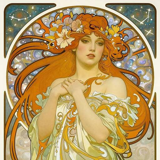 Digital art of a fair-skinned, red-haired woman with a floral crown, flowing dress, and hands clasped, set against a starry,