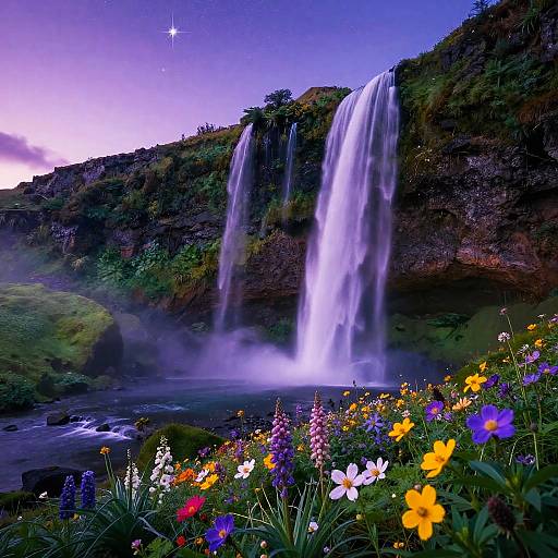 Purple Waterfall on Emerald Cliff