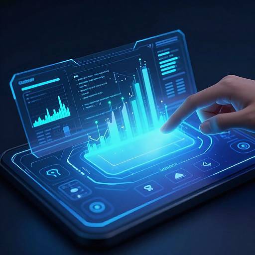Photograph of a glowing blue holographic tablet displaying financial charts, with a hand interacting with the digital interface.