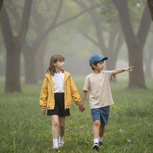 Children Walking Hand in Hand in Misty Forest