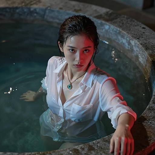 Intense Woman in Circular Stone Basin